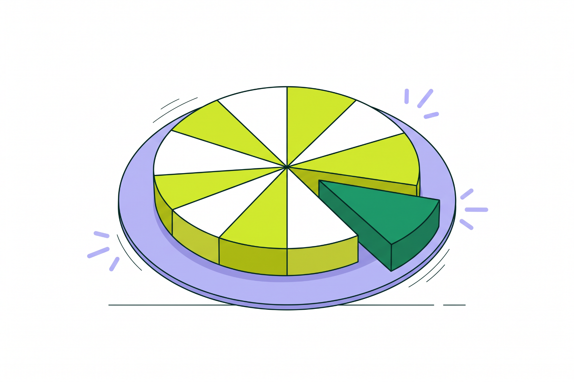 A round pie cut into alternating yellow and white slices, with one solid green slice pulled out of it under a few spark marks.