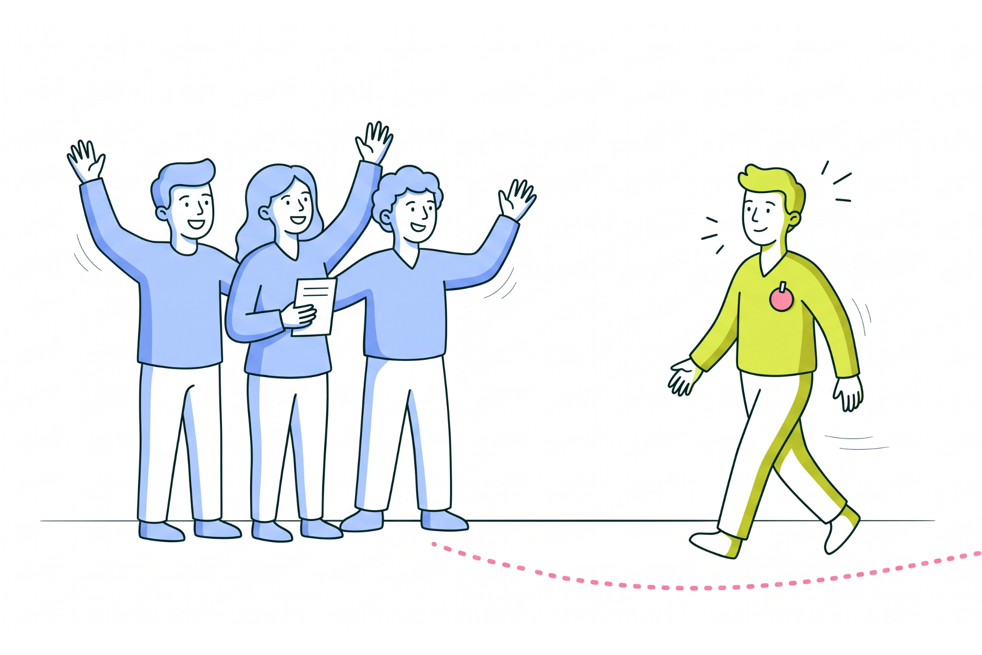 Three teammates wave and reach out to welcome a newcomer who walks toward them along a dotted path.
