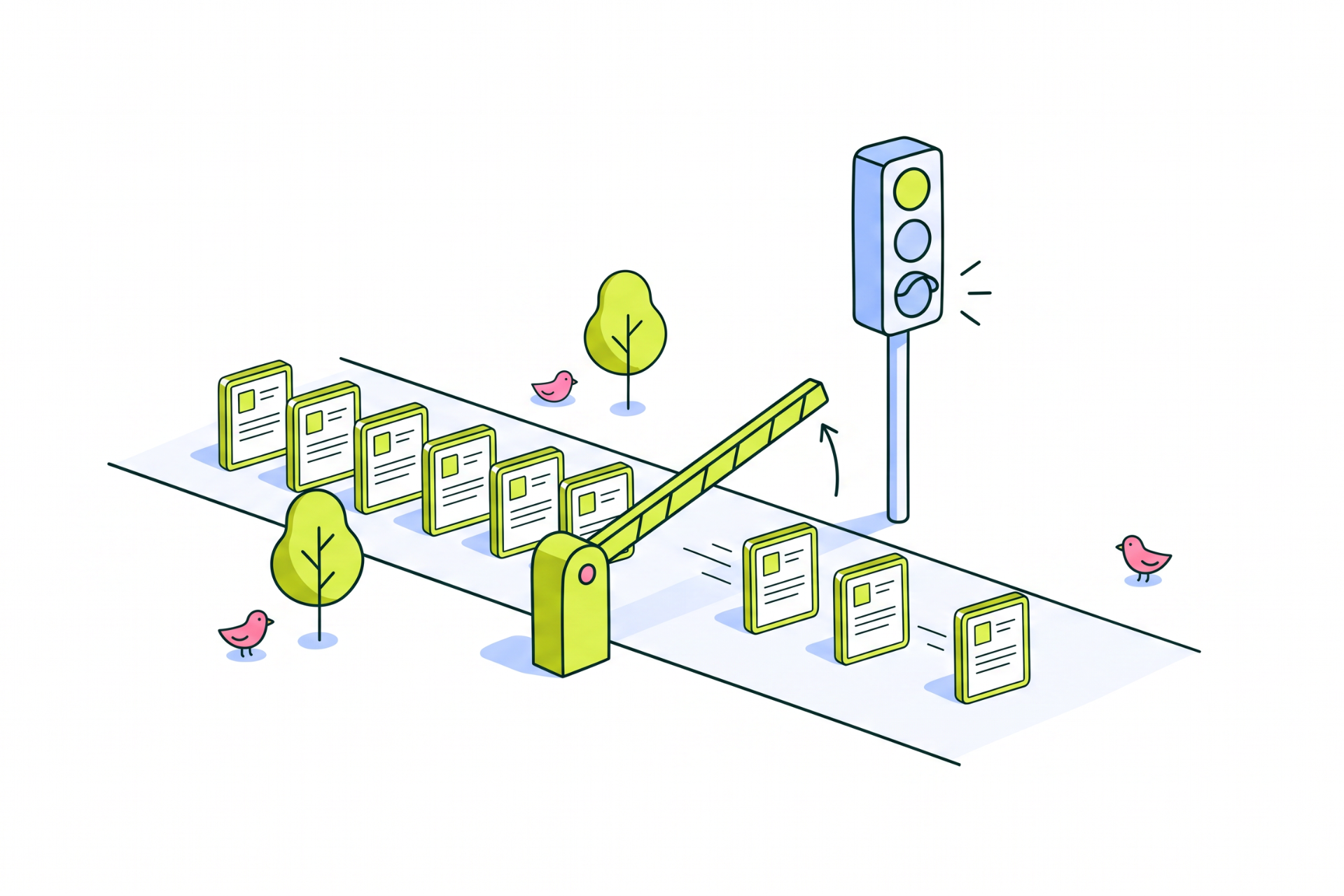 Candidate cards move along a road past a raised barrier and a traffic light, no longer stuck in a queue.