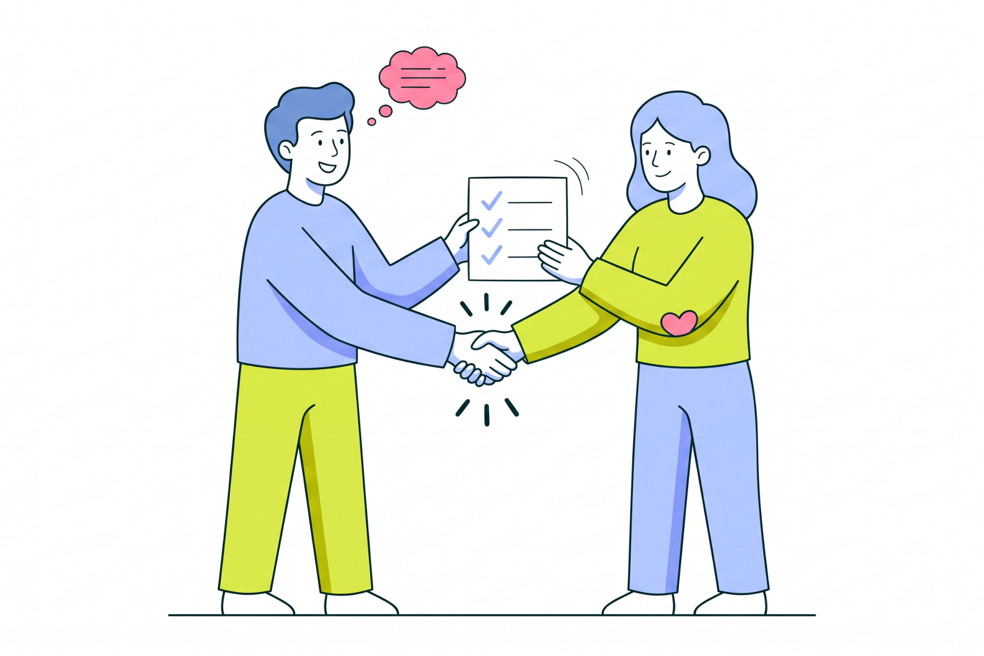 A recruiter and a hiring manager shake hands while holding up a shared checklist with three ticked items.