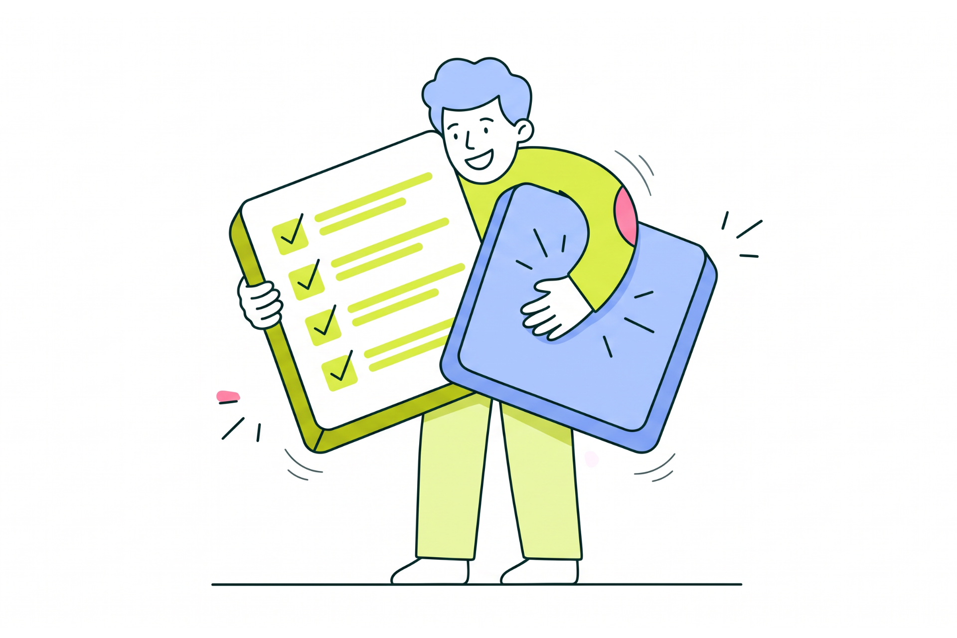 A smiling person hugs two big tiles at once: a checklist on the left and a solid blue tile on the right.