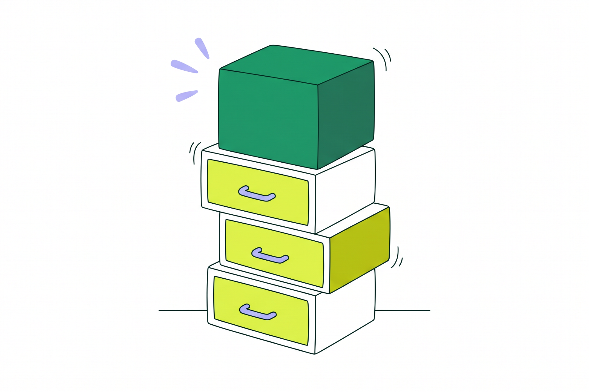 Three periwinkle blocks stacked into a small pyramid, with a green block set on top as the last piece.