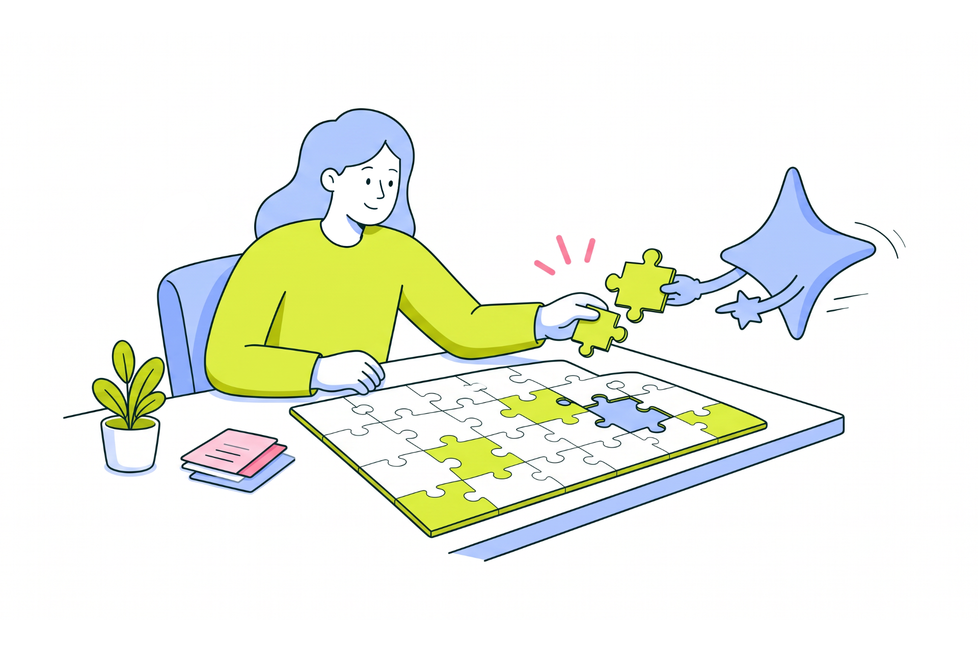 A person finishing a jigsaw puzzle reaches for the last piece, which a friendly blue four-point star holds out to them.