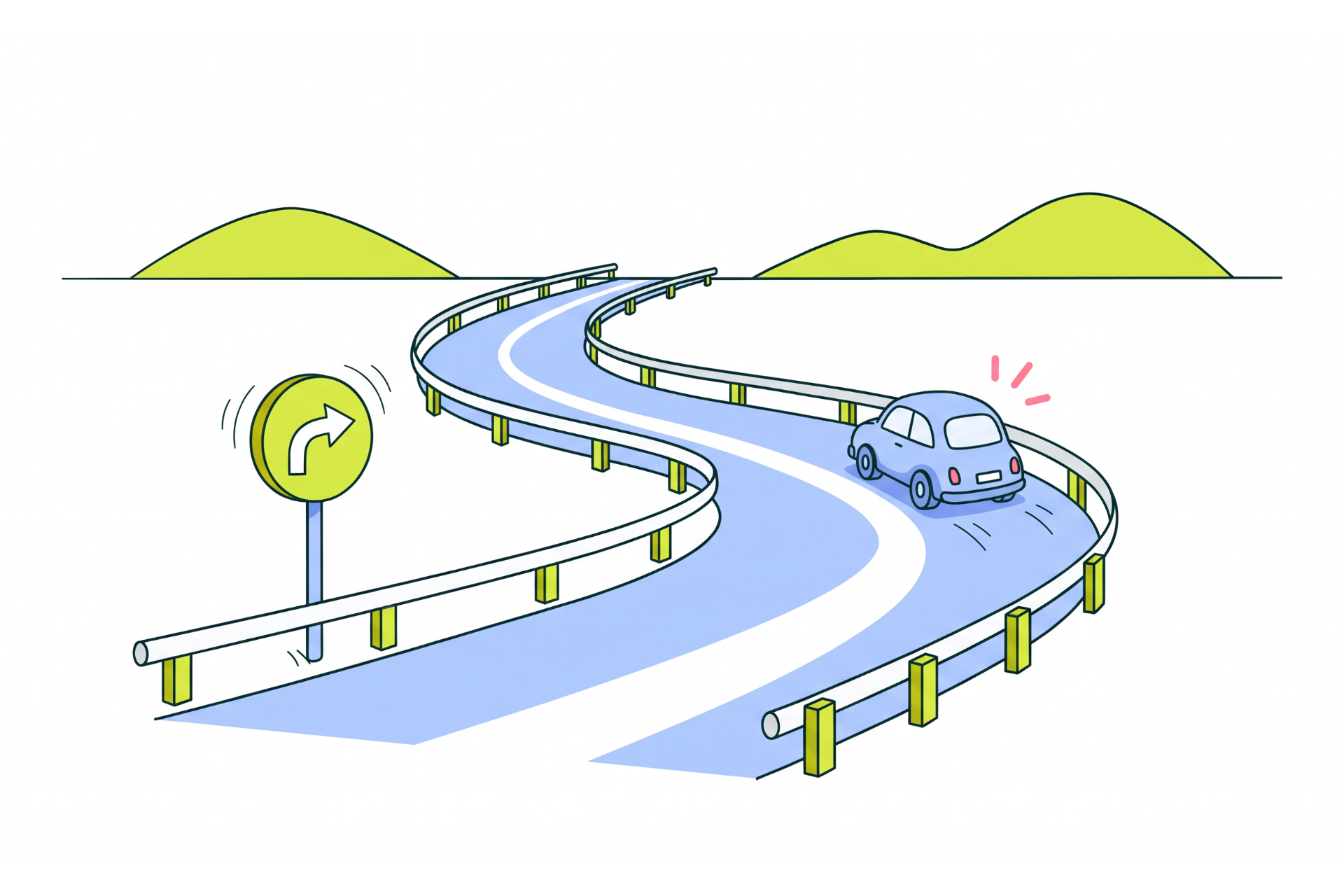 A winding road between two guardrails runs toward low hills, a small blue car in its lane passing a round arrow sign.