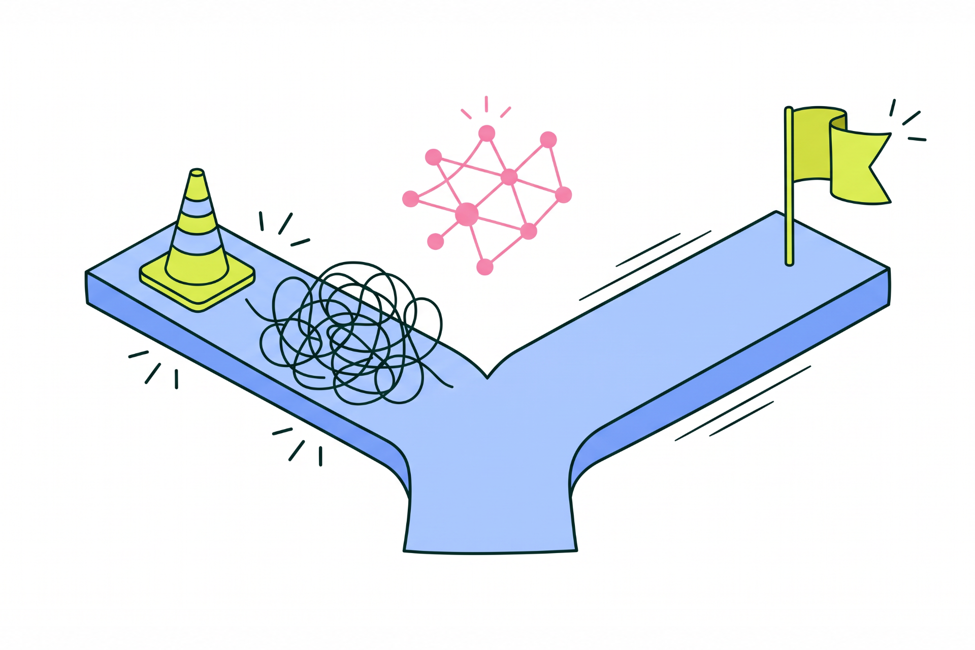 A person pauses at a fork in the path: a traffic cone and a tangle block the left branch, while the right branch runs clear to a flag.