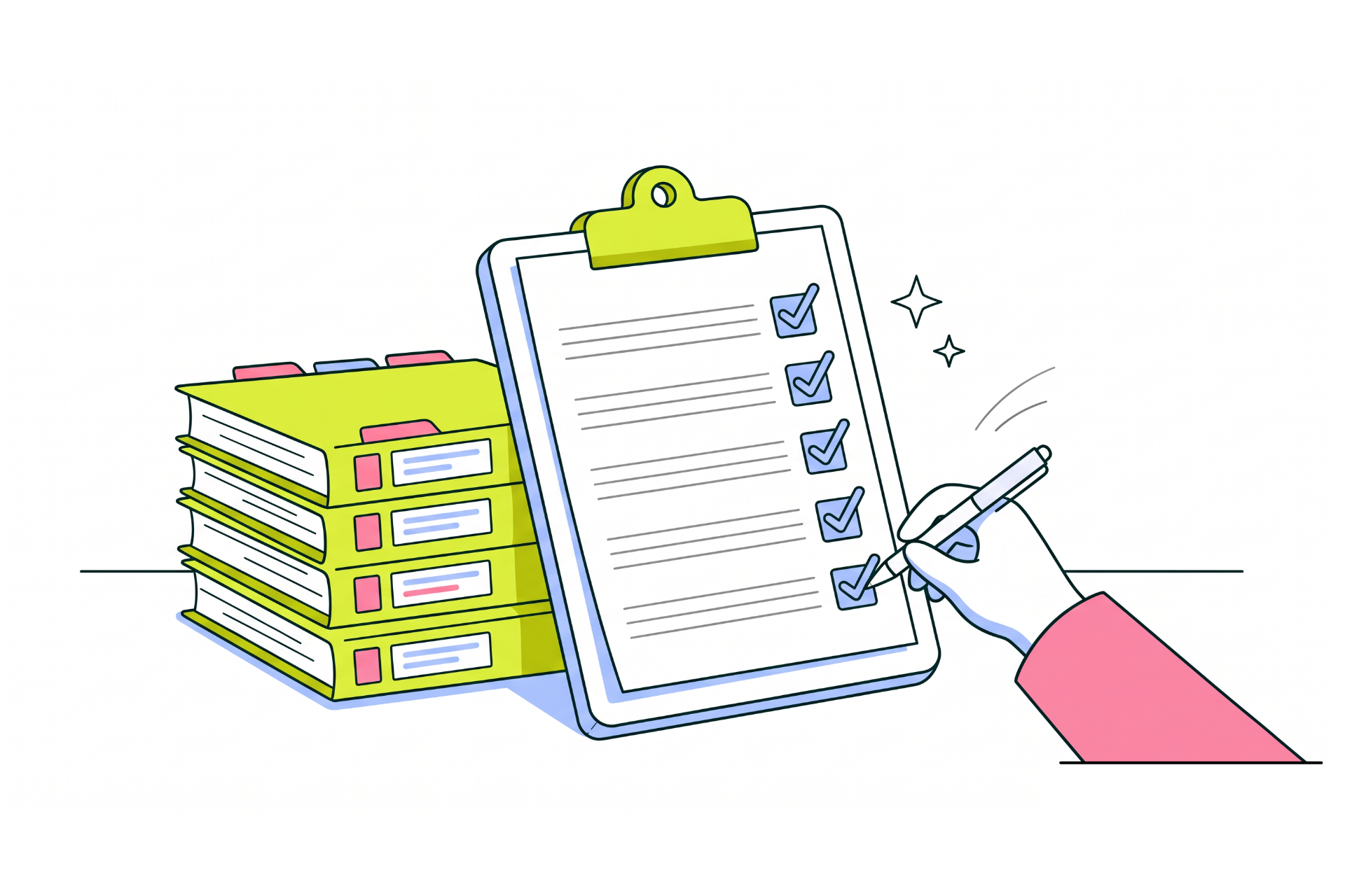 A person ticks the rows on a clipboard with a pink pen, next to a neat stack of folders.