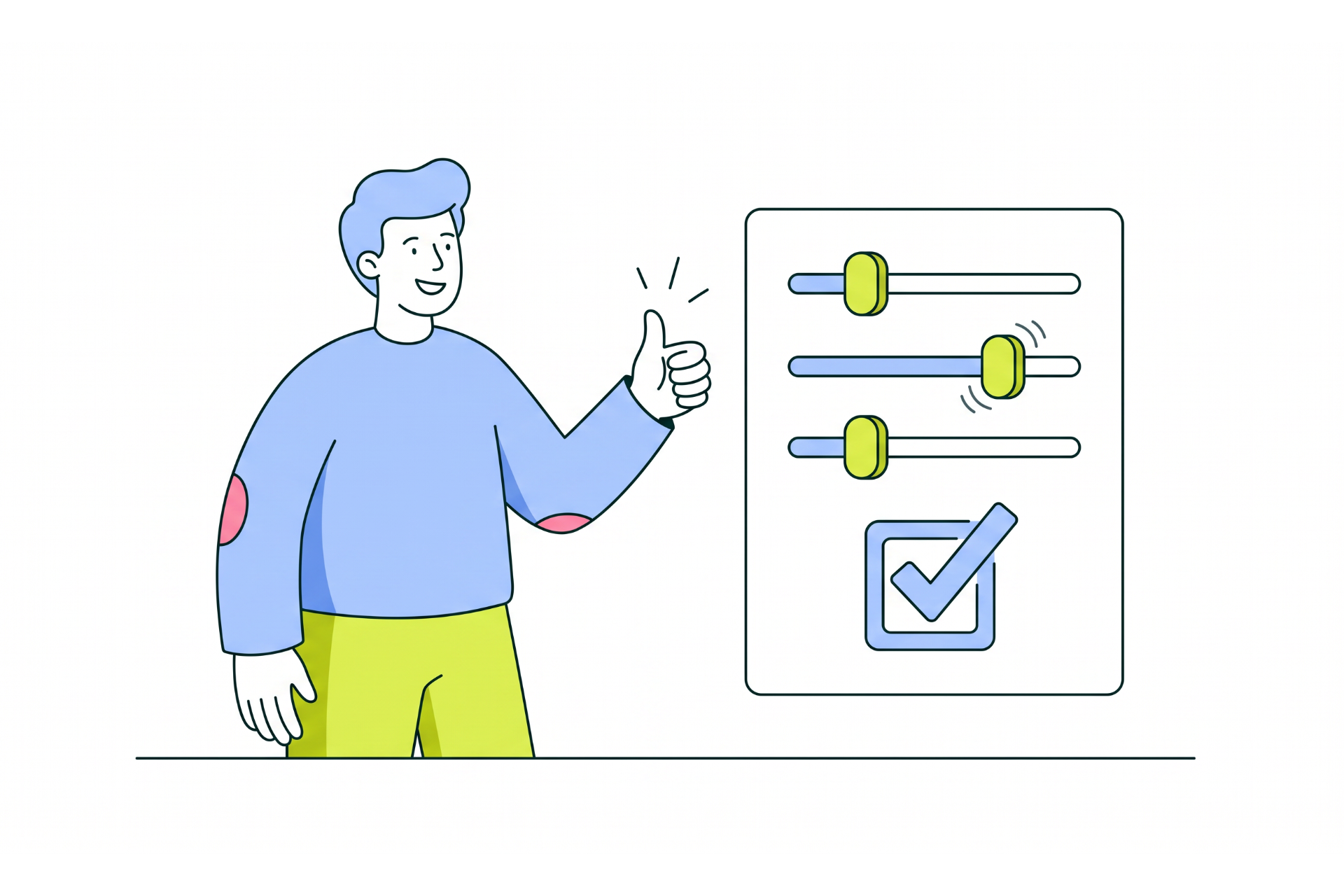 A smiling person gives a thumbs-up beside a control panel with three sliders and a ticked blue check box.