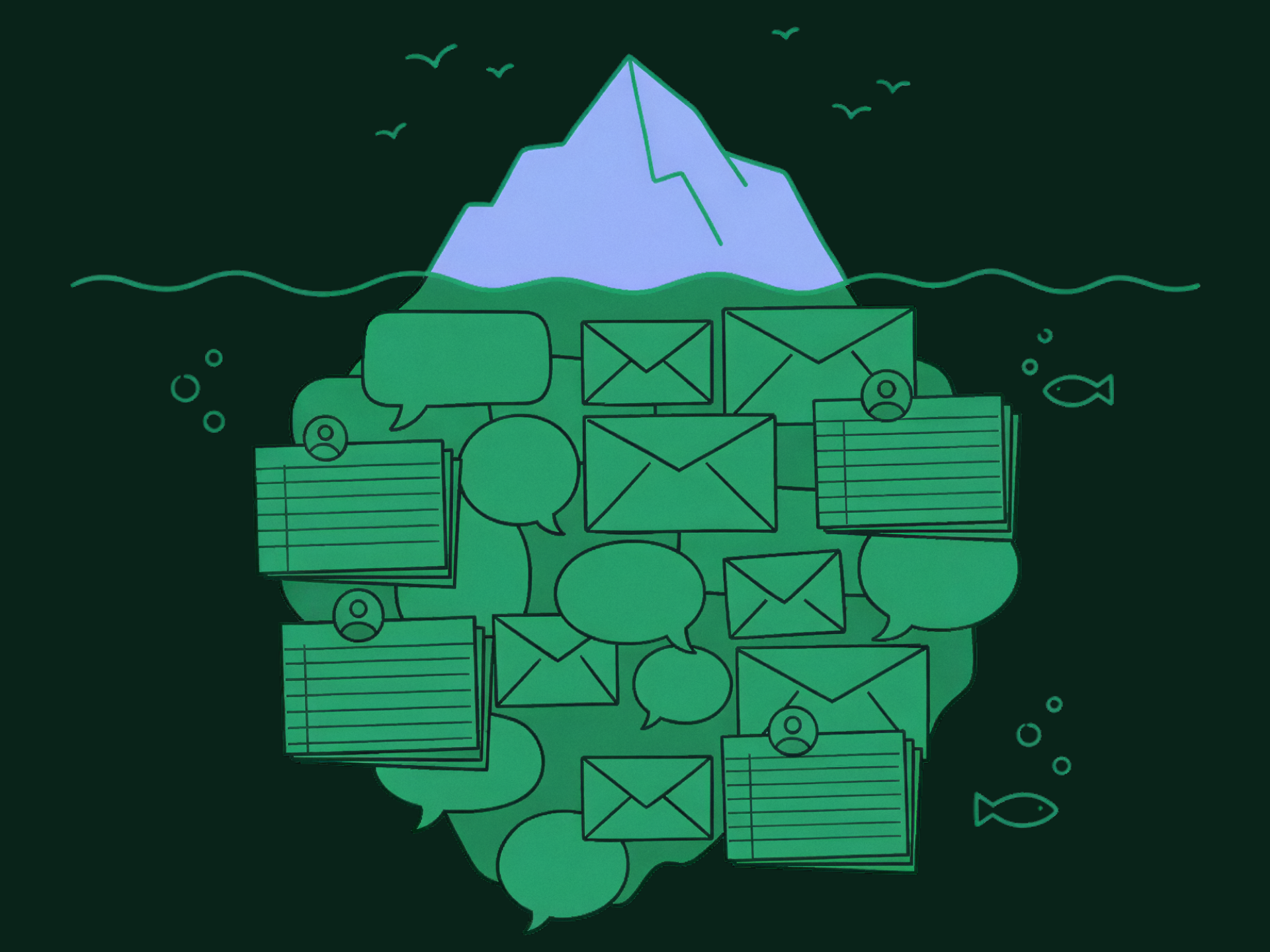 An iceberg: a small periwinkle tip above the waterline, and a far larger green mass of chat bubbles, envelopes and candidate record cards below.