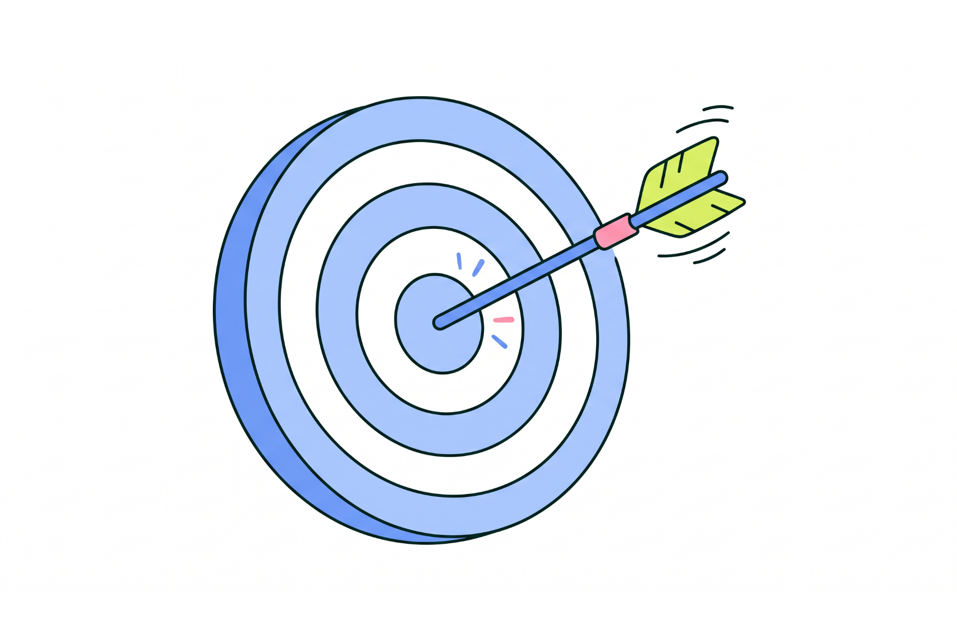 A person pumps their fists as a lime-green arrow lands in the bullseye of a blue target.