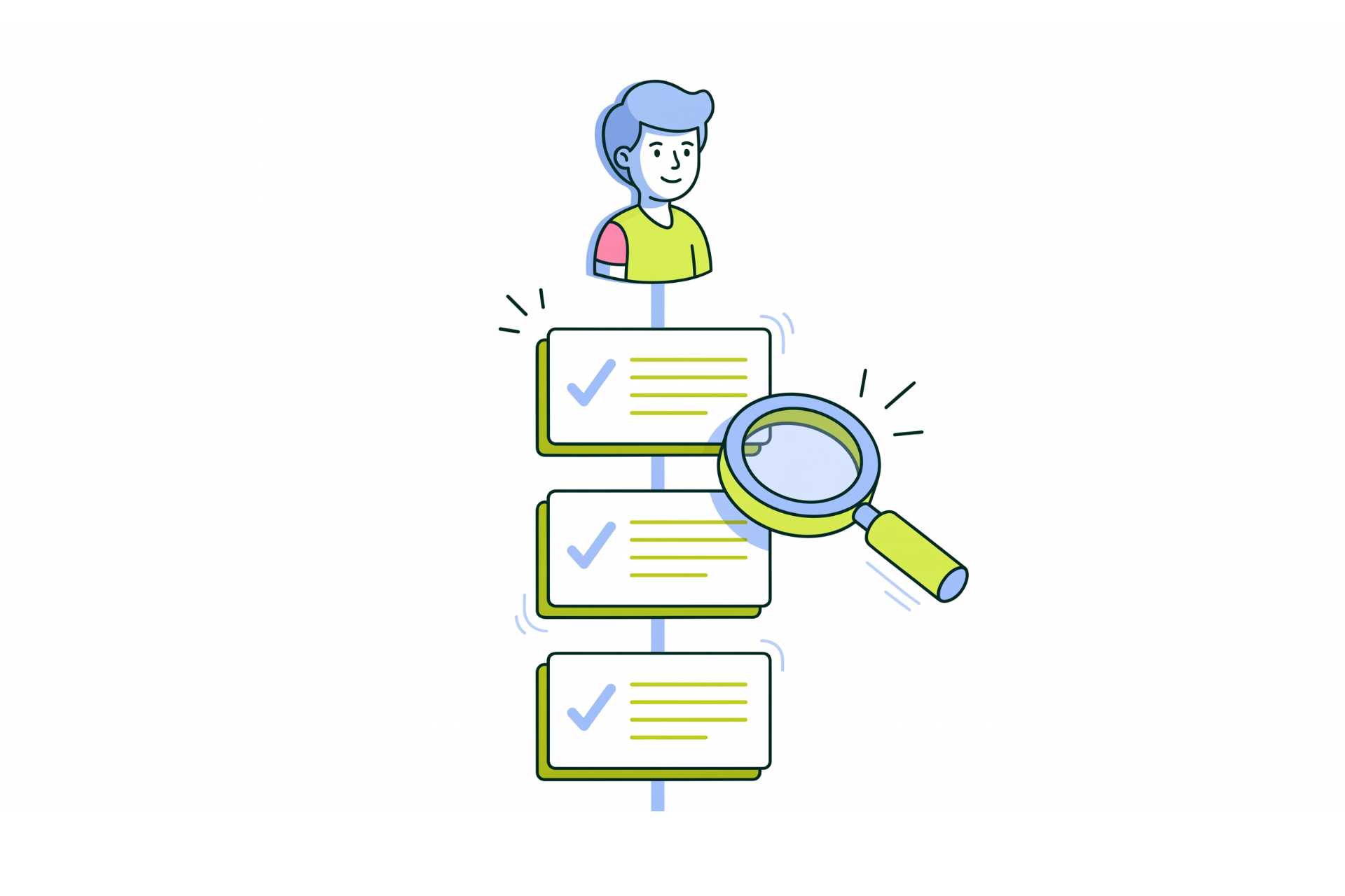 A candidate avatar tops a vertical timeline of three record cards, each with a checkmark, beside a large magnifying glass.