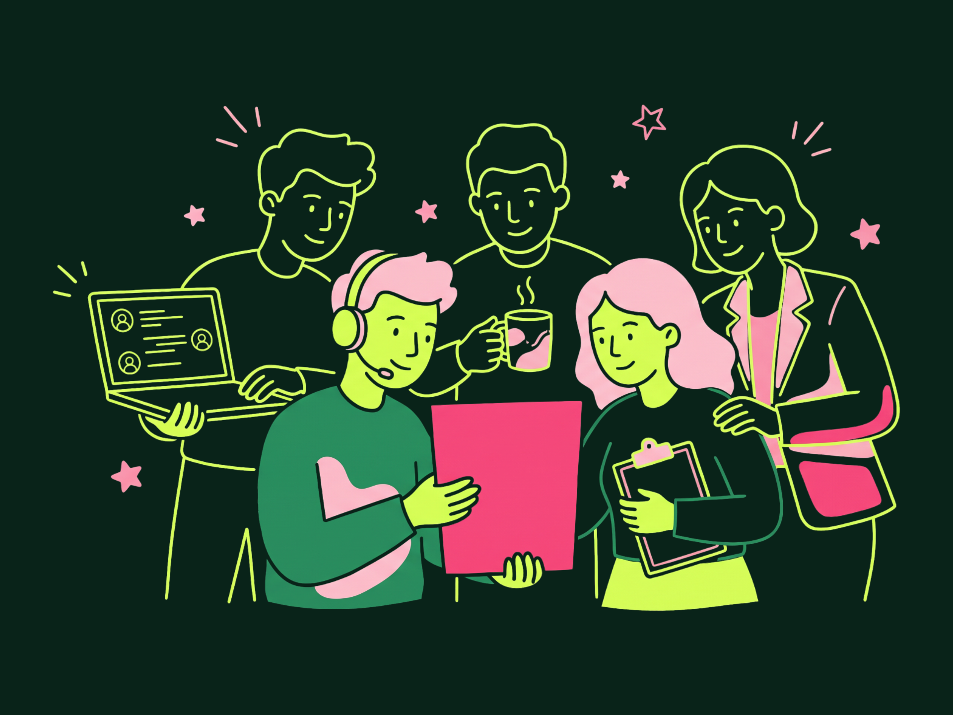 Five teammates huddle around one candidate card: two in front hold it up, while colleagues with a laptop, a coffee mug and a blazer lean in to look.