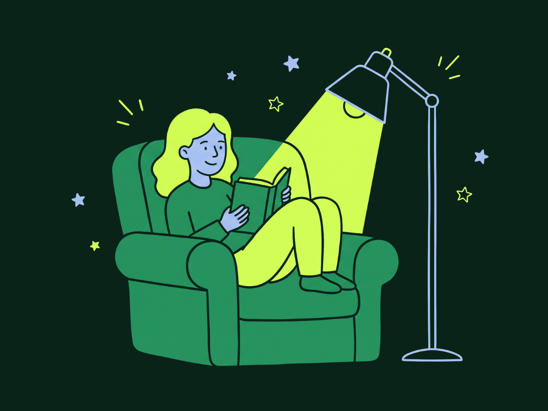 A person curls up in a big armchair reading a book under the light of a tall floor lamp.