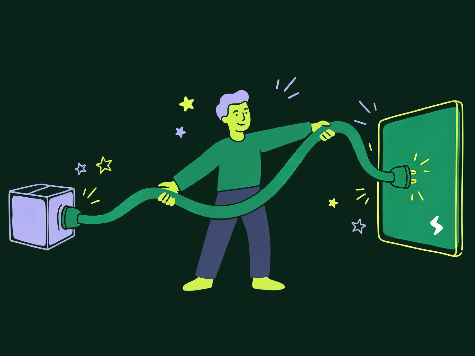 A person stretches a long green cable between a small box for the ATS you have and a large green panel for Sync2Hire.