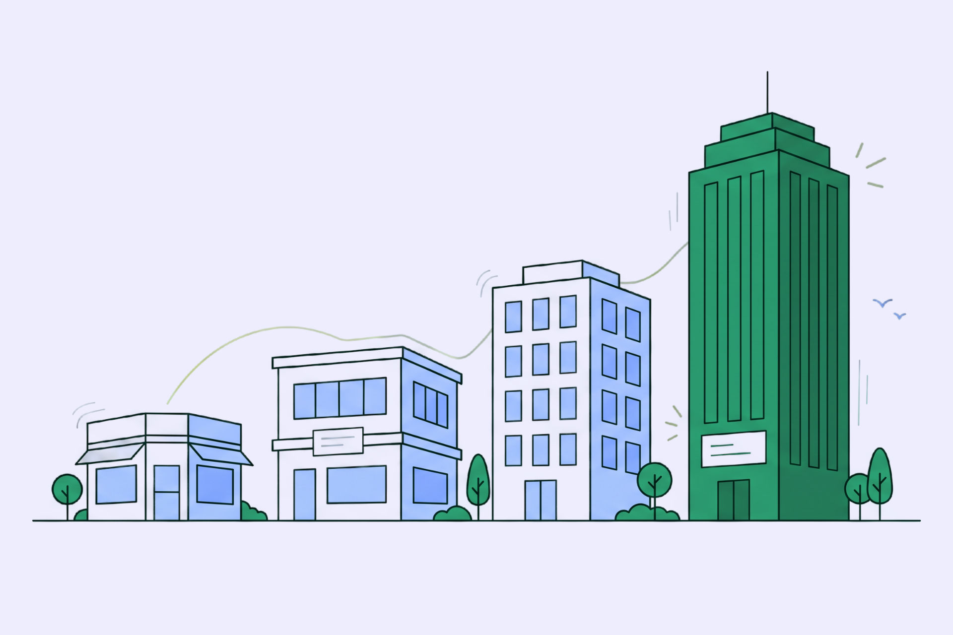 Four buildings grow from a small corner shop to a tall blue tower, a line hopping across their rooftops.