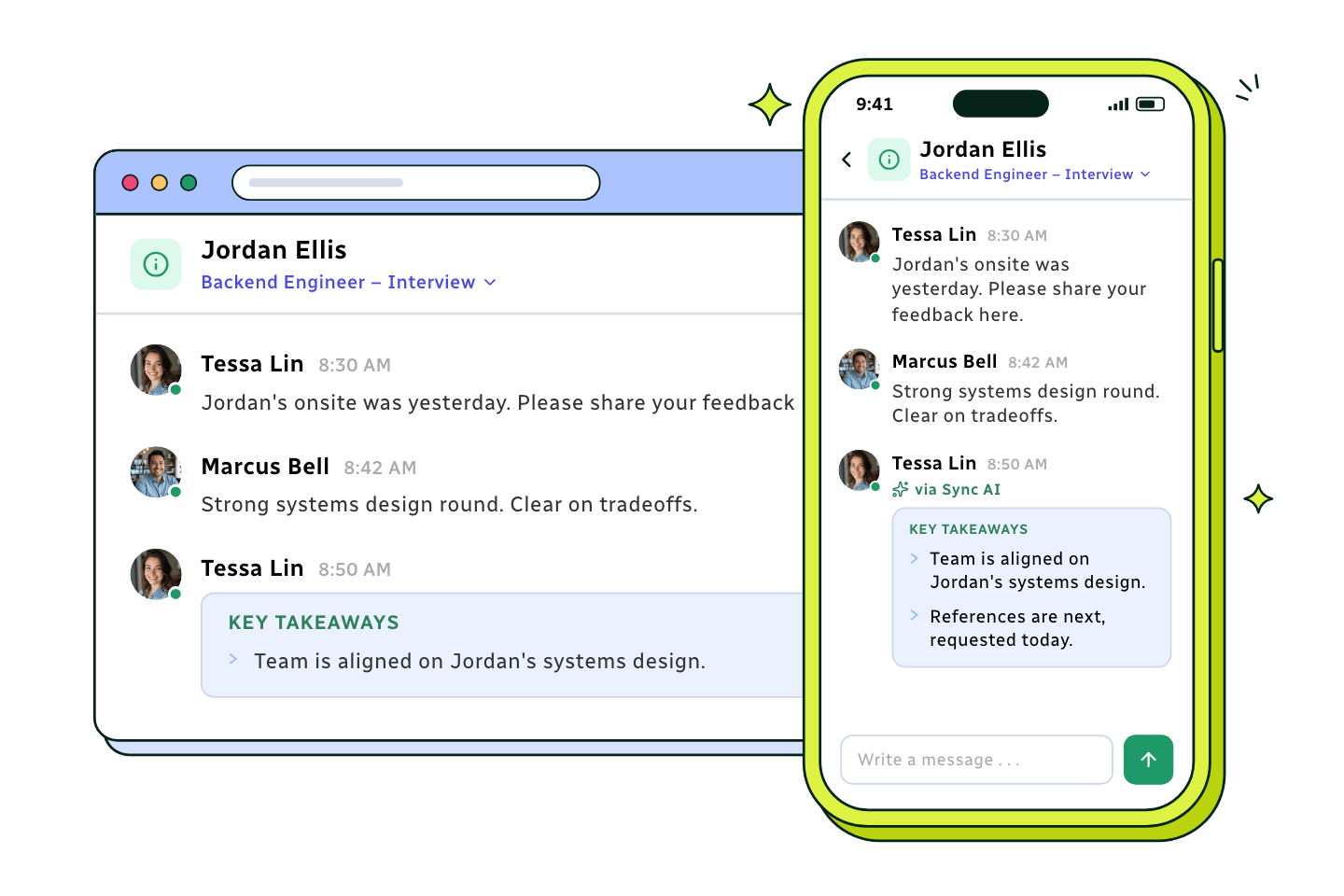 The same candidate channel open on a desktop and on a phone: the hiring team's feedback and a Sync AI summary of key takeaways.