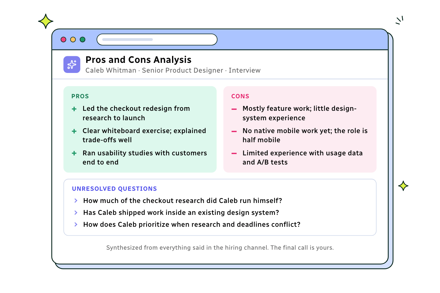 Pros and cons analysis for a Senior Product Designer candidate: three pros, three cons and three unresolved questions from the team.