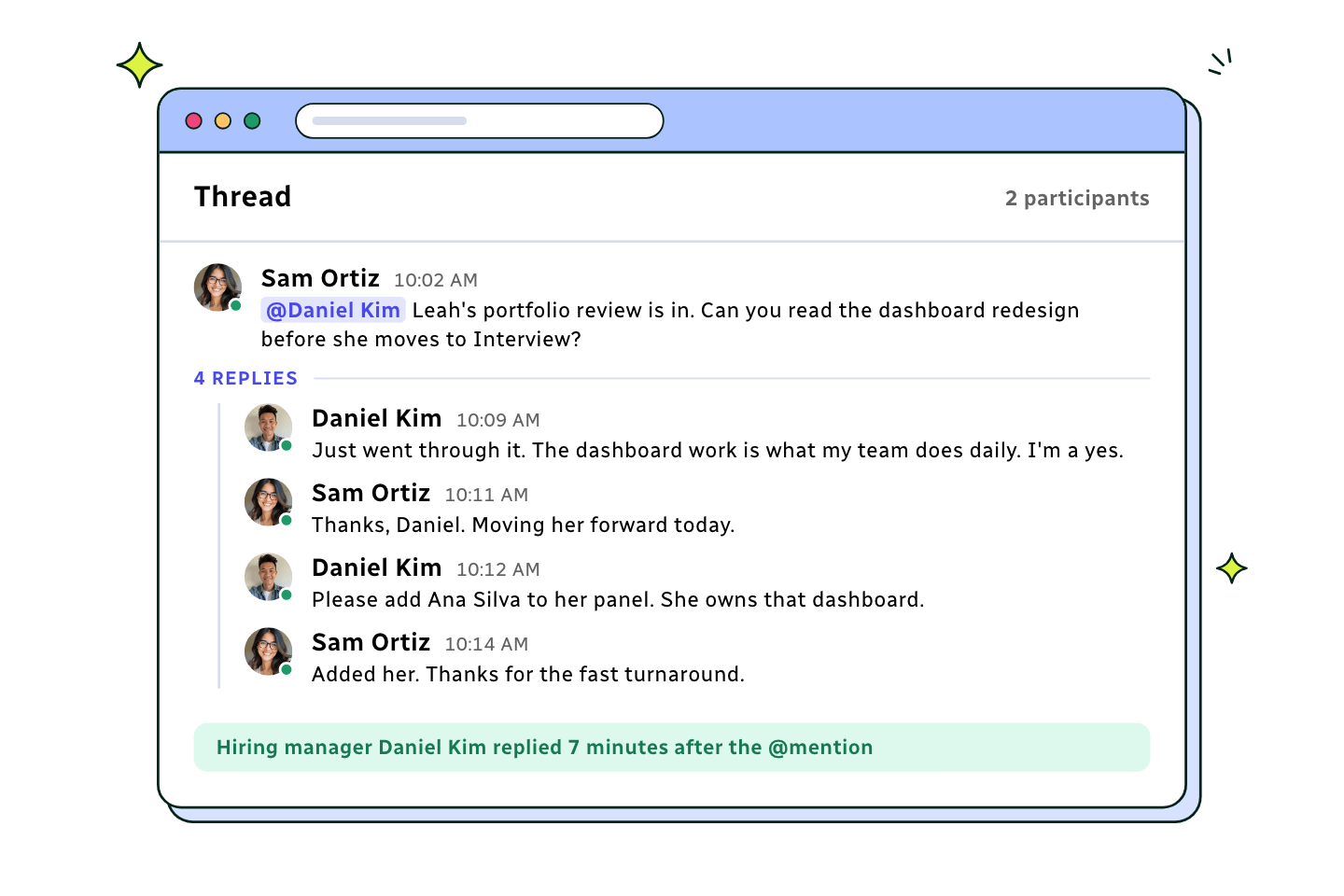 Thread where a recruiter @mentions hiring manager Daniel Kim about a candidate and he replies within 7 minutes; 4 replies total.