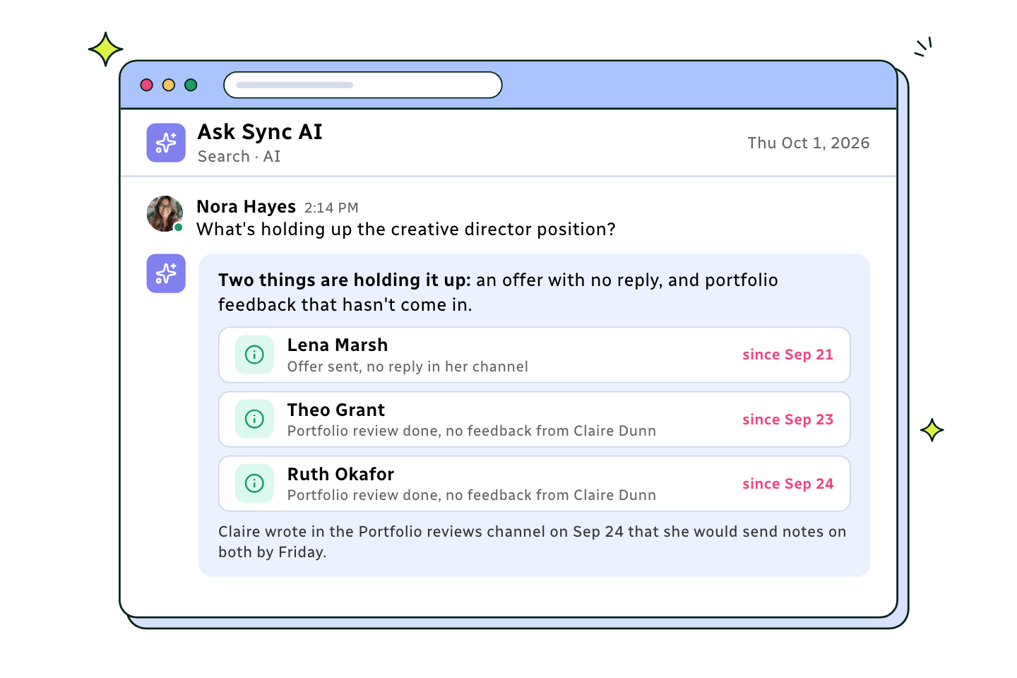 Ask Sync AI answer: two things hold up the creative director job, three candidates with last-activity dates and three message sources.