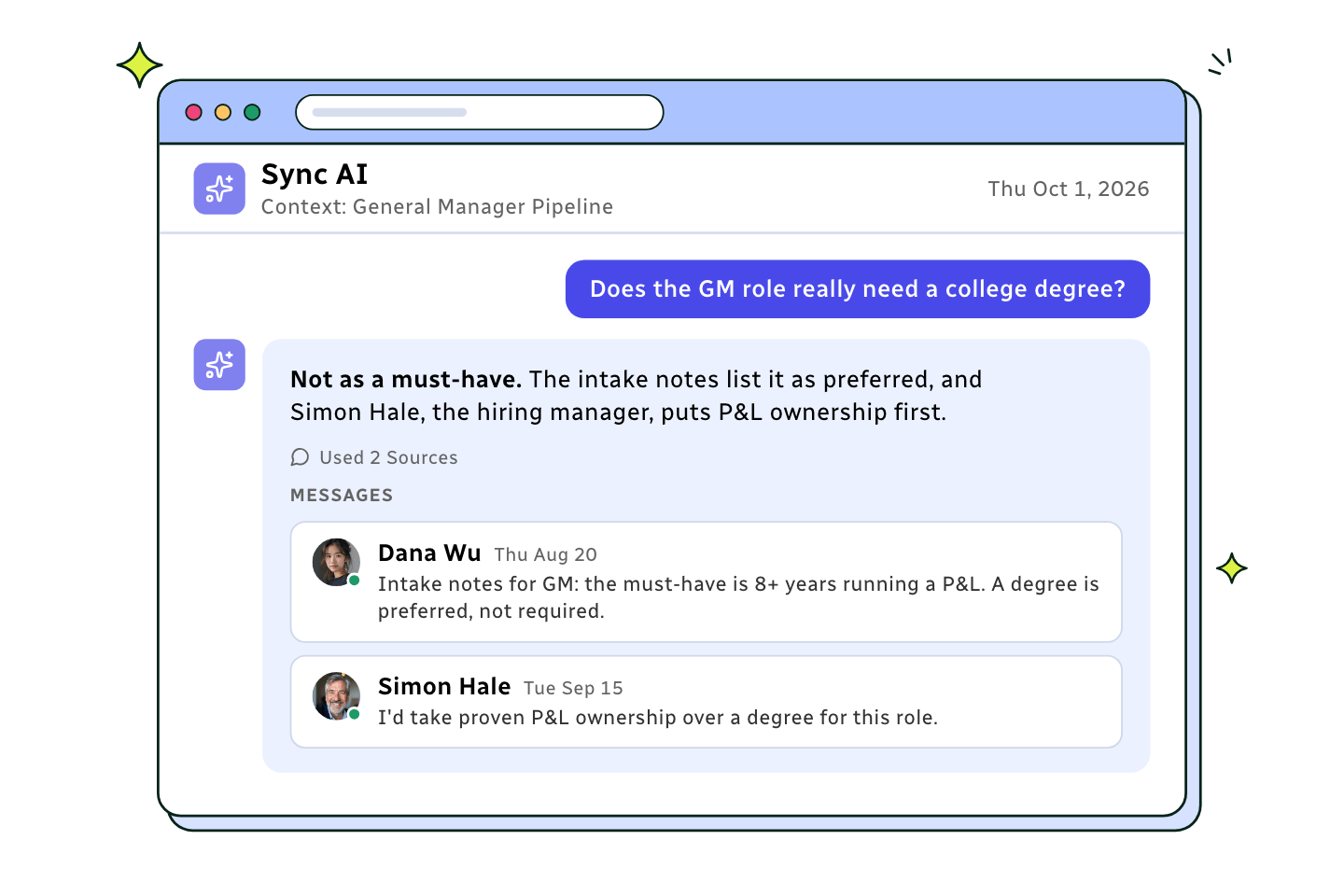 Sync AI panel answering whether the GM role needs a degree, citing two hiring team messages from the role channel.