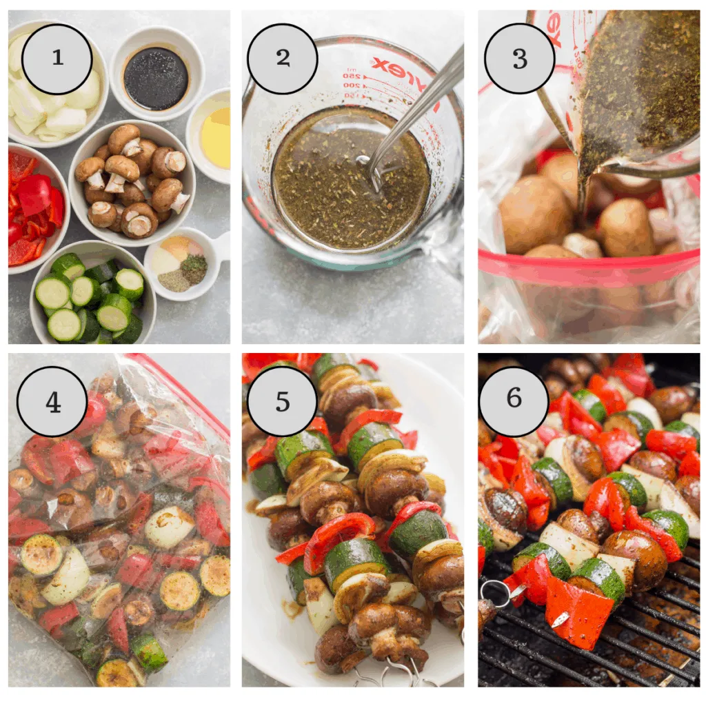 Step by step instructions showing how to make vegetable kebabs