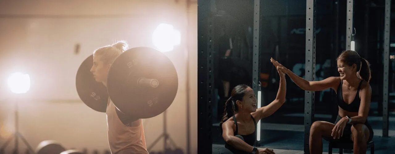 One image of a girl with a barbell on her back and another image of two girls in a gym high fiving after a workout