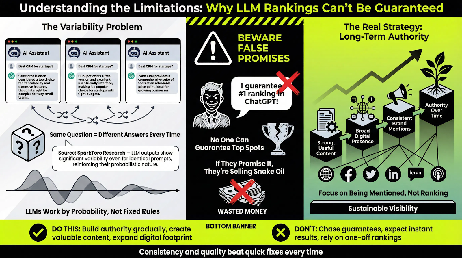 Three-panel visual explaining LLM ranking variability, cautioning against false promises of top ChatGPT rankings, and highlighting sustainable visibility through authority and consistent brand signals.