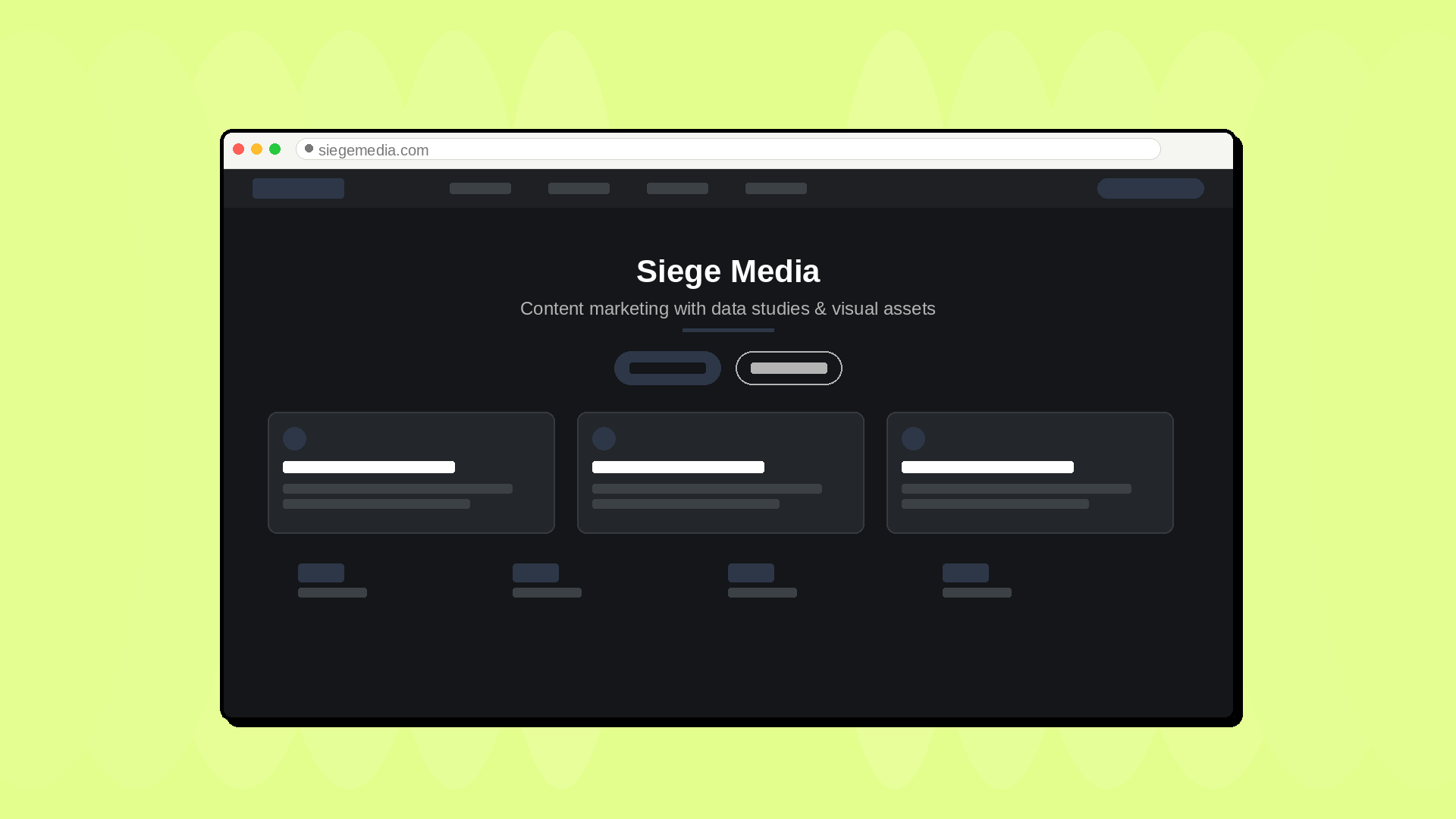 Mockup of the Siege Media homepage highlighting their data-driven content marketing and visual asset services