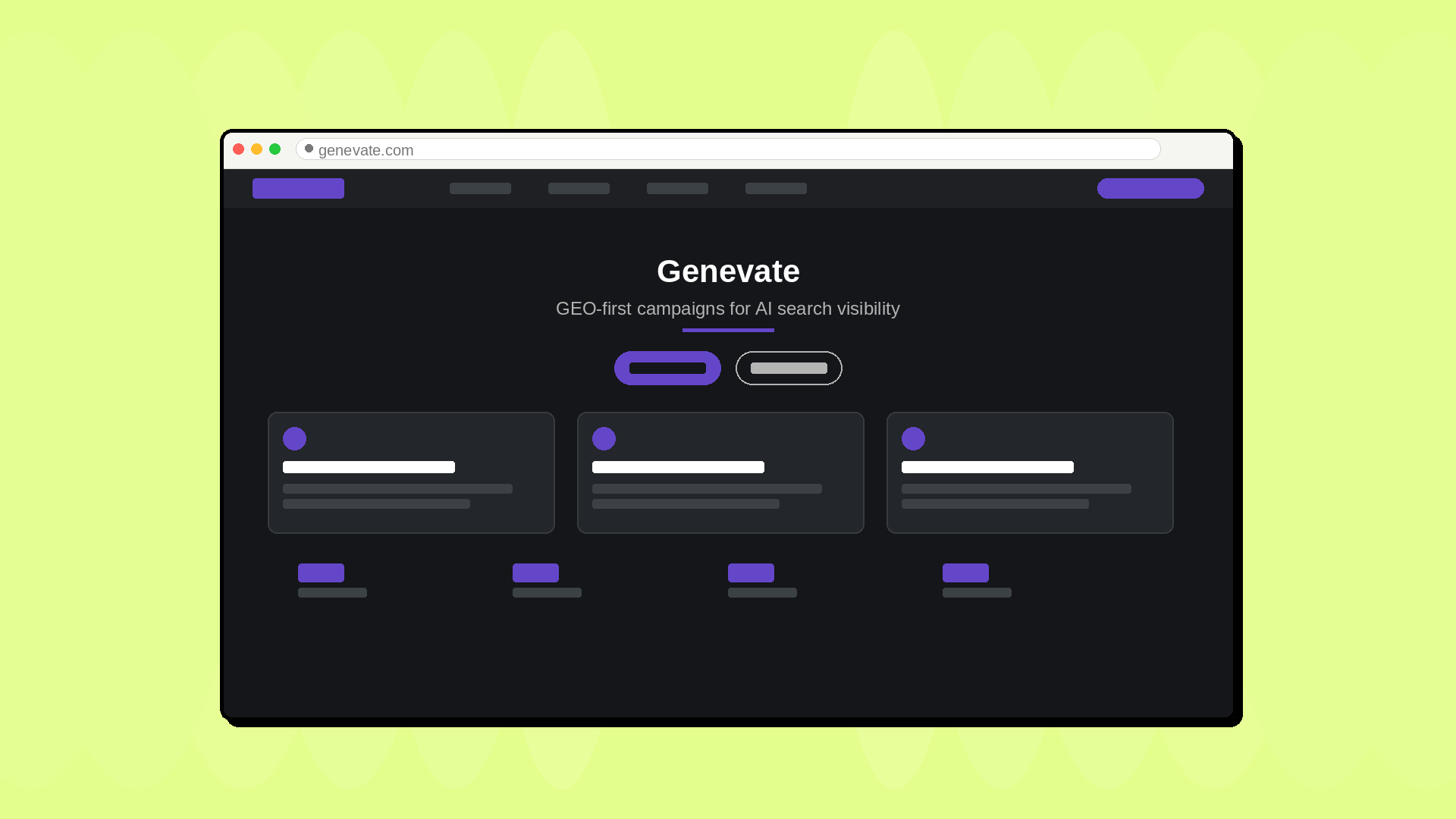 A mockup of the Genevate homepage showcasing their generative engine optimization and AI search campaigns