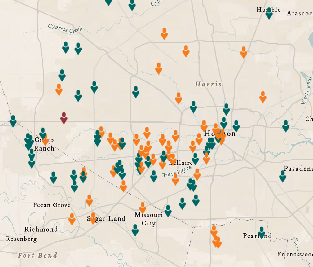 Map showing distribution of orange, green, and one maroon location markers around Houston and surrounding areas including Sugar Land, Missouri City, and Pearland.