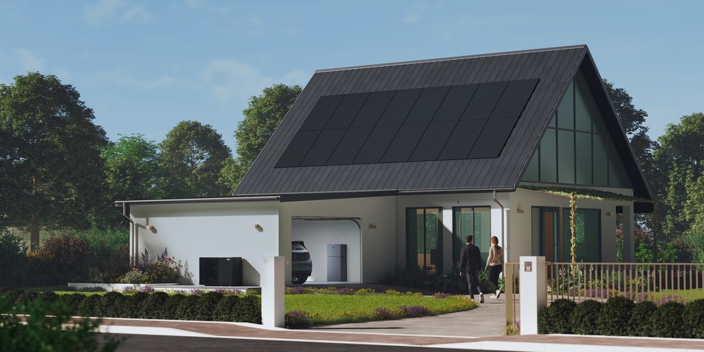 Una villetta moderna con un impianto fotovoltaico installato sul tetto