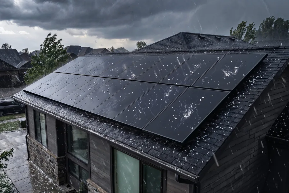 SunPower Origin solar panels on a roof in a hail storm