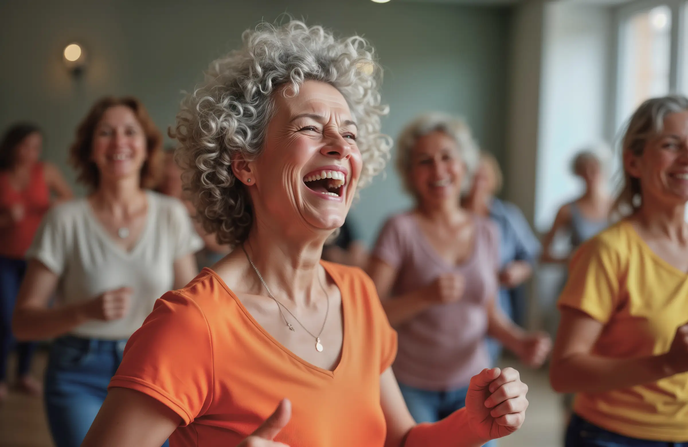 Woman enjoying her sight in a workout glass with a group of other women. 