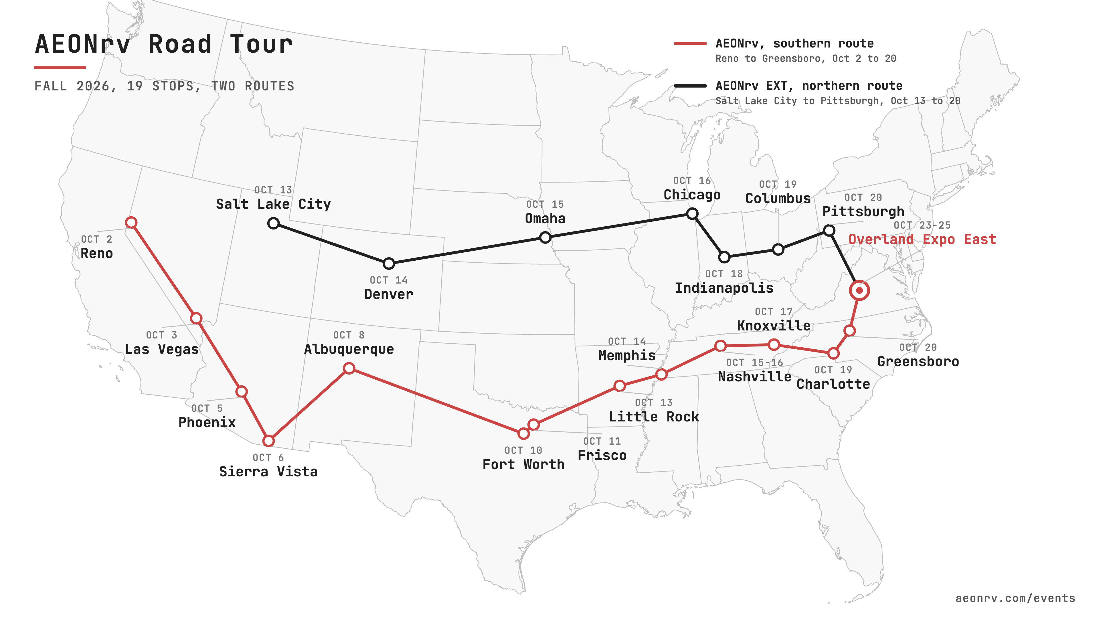 Map of the AEONrv Fall 2026 Road Tour showing a southern route from Reno to Greensboro and a northern route from Salt Lake City to Pittsburgh, both ending at Overland Expo East in Arrington, Virginia