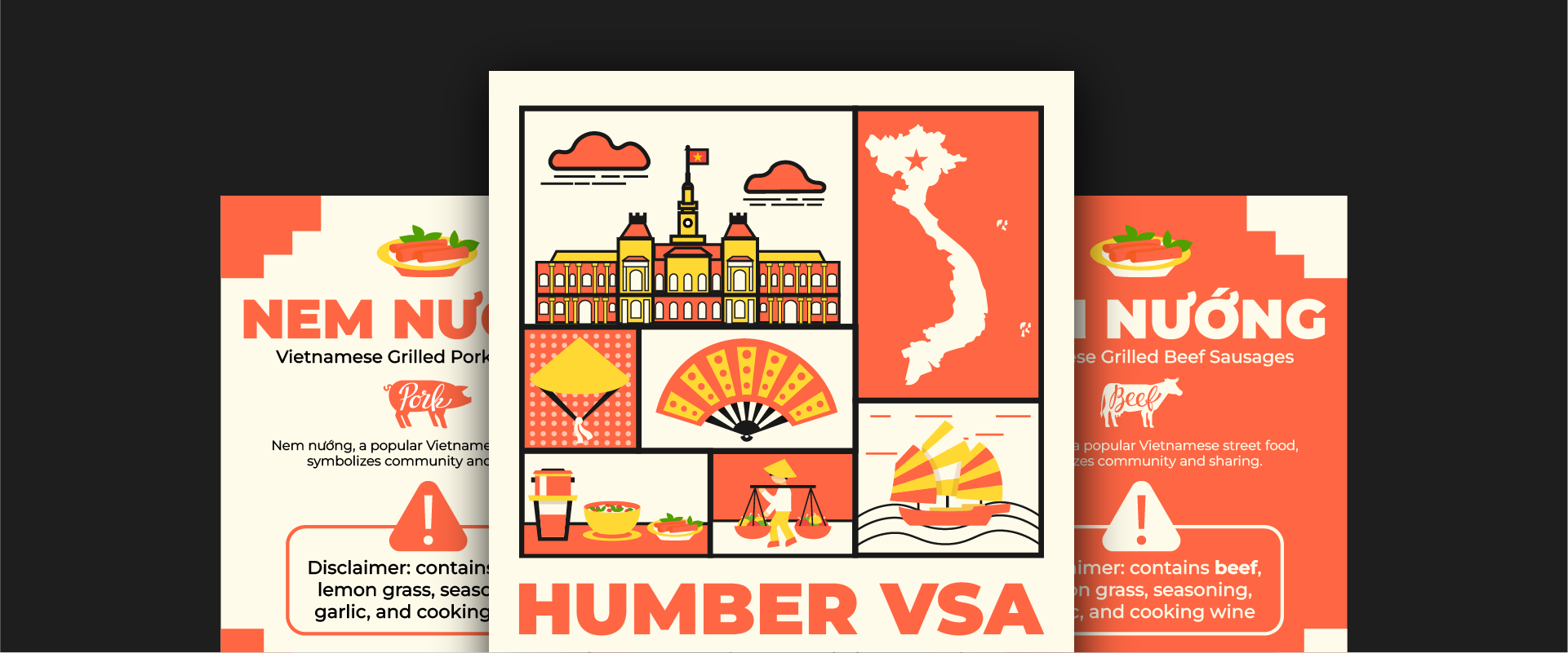 Three design variations of the Humber VSA Club’s Day poster featuring vibrant Vietnamese cultural graphics and event details.