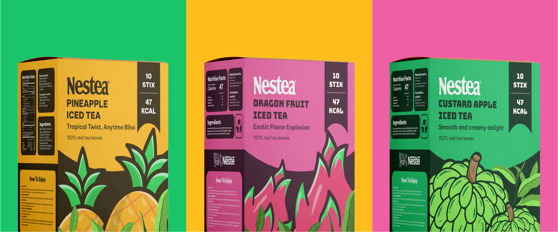 Three-flavor Nestea packaging mockups (pineapple, custard apple, dragon fruit) displayed side by side with vibrant tropical design