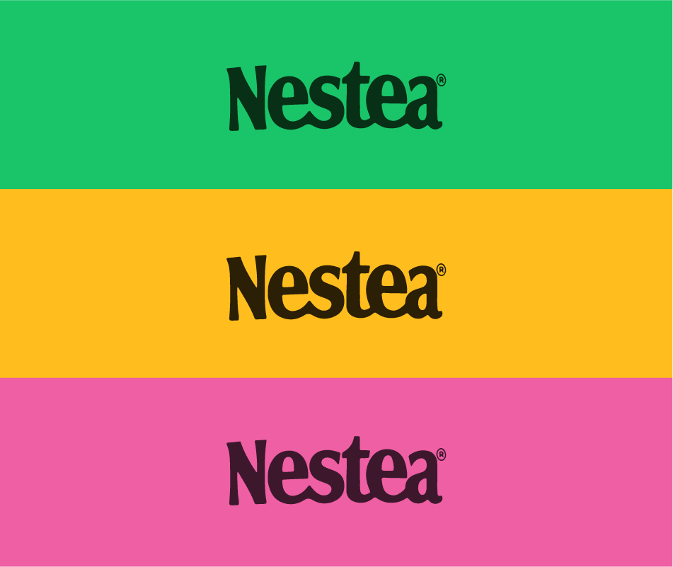 Nestea wordmark logo in three color variations reflecting each flavor's brand color: yellow, green, and pink.