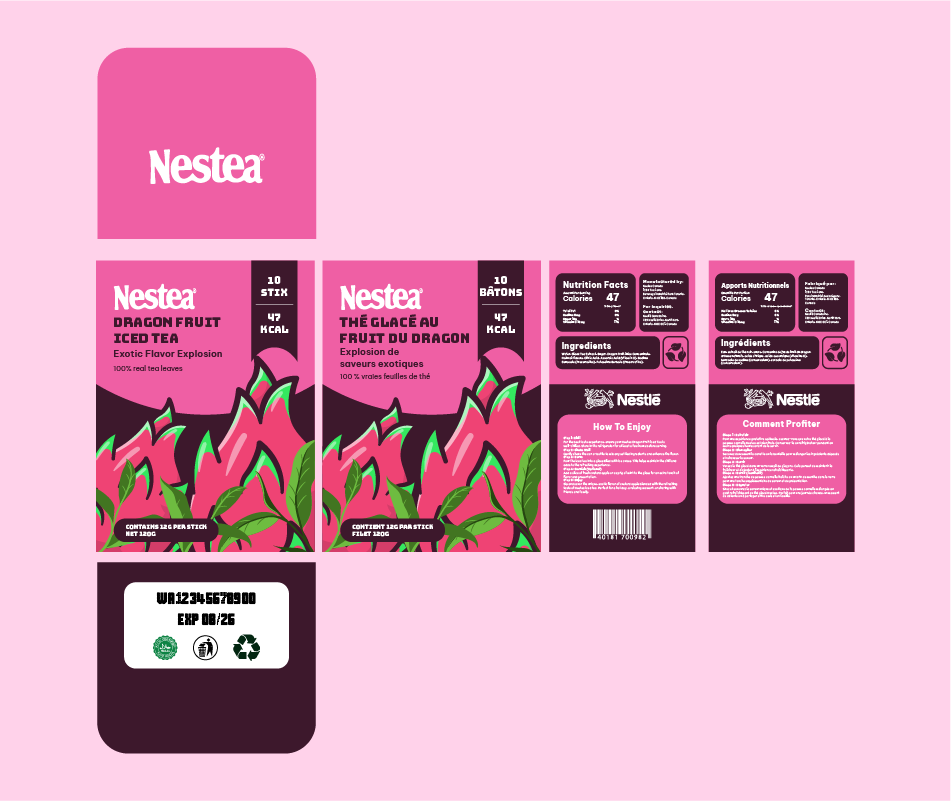Flat dieline of dragon fruit Nestea packaging, highlighting modern layout and fruit illustrations.