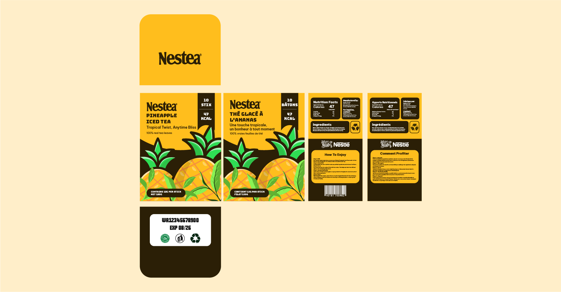 Flat dieline design of pineapple flavor Nestea box showing layout, folds, and print guide.