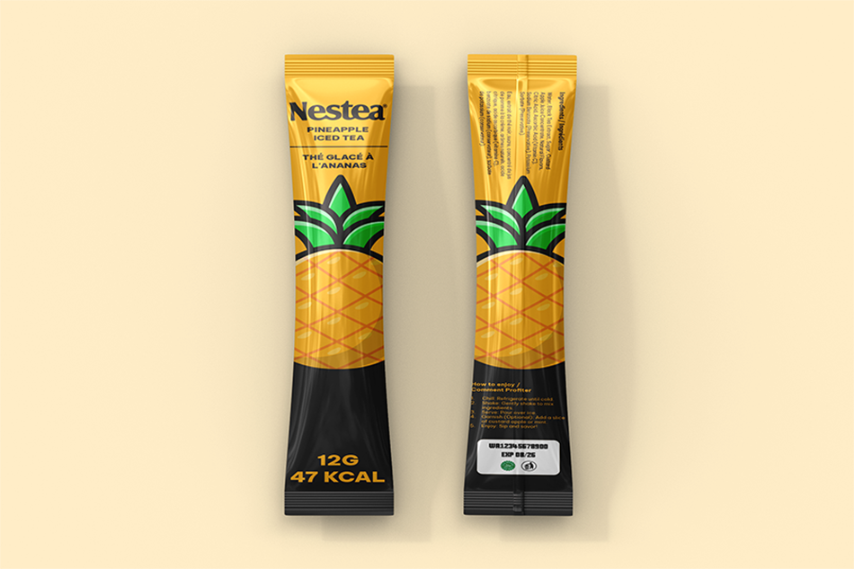 Mockup of pineapple Nestea stix packaging with cohesive yellow branding