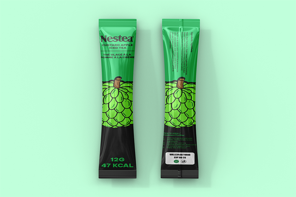Mockup for custard apple flavor showcasing stix and sachet design in green tones.