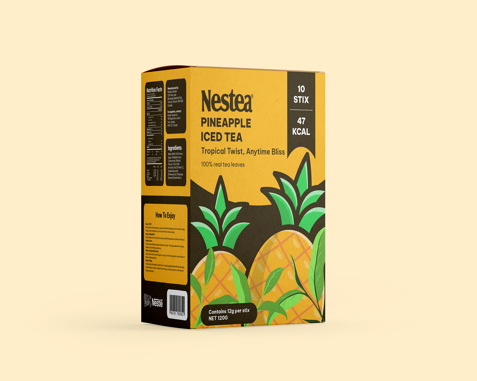 Mockup of pineapple Nestea box  packaging with cohesive yellow branding