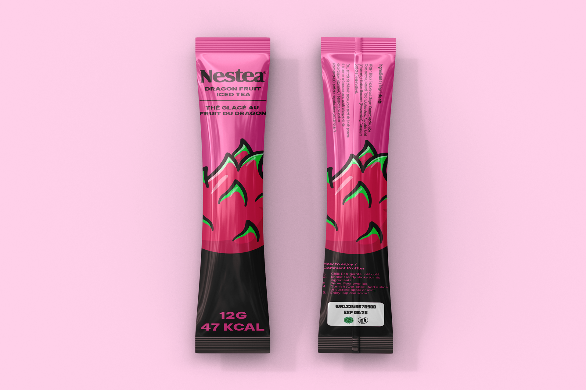 Dragon fruit Nestea packaging mockup with magenta and dark pink visuals across stix formats.