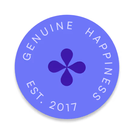 Purple and lavender circular sticker with the words “SCROLL DOWN” written twice in a curved path around a central abstract flower-like icon.