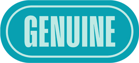 A rounded teal sticker with the word "GENUINE" in bold light blue text, outlined by a double border.