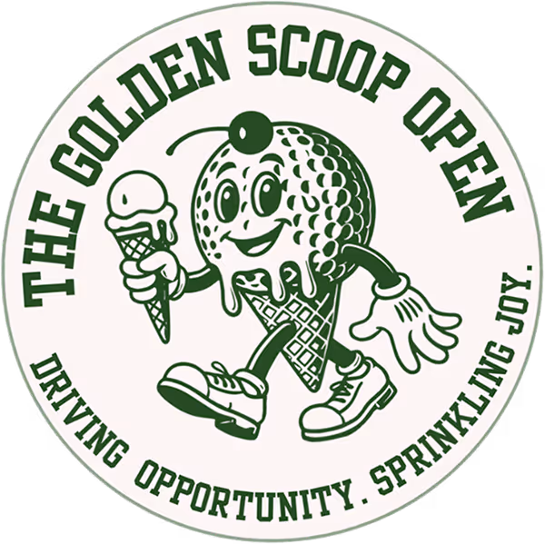 Logo featuring a walking smiling ice cream cone character holding an ice cream scoop, with the text 'THE GOLDEN SCOOP OPEN' above and 'DRIVING OPPORTUNITY. SPRINKLING JOY.' below in a circular design.
