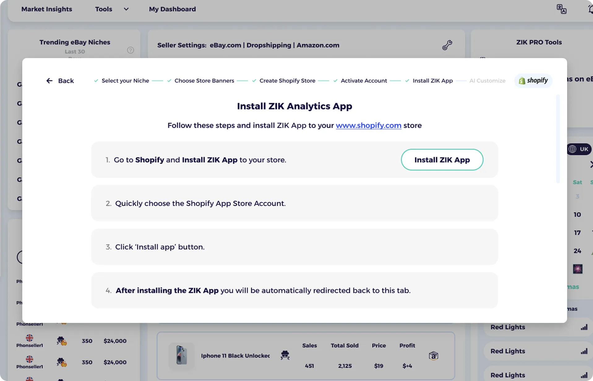 best shopify ai store builder step 3 connect ZIK Analytics App