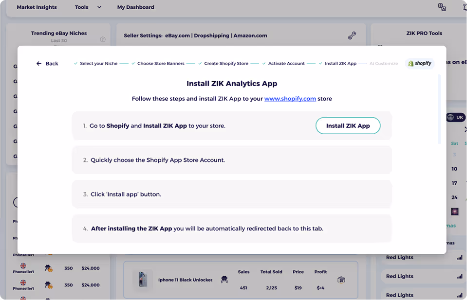 step 3 dropshipping website builder connect with zik and shopify