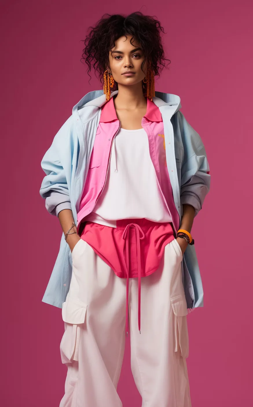 Young woman with curly hair posing in layered casual clothes.