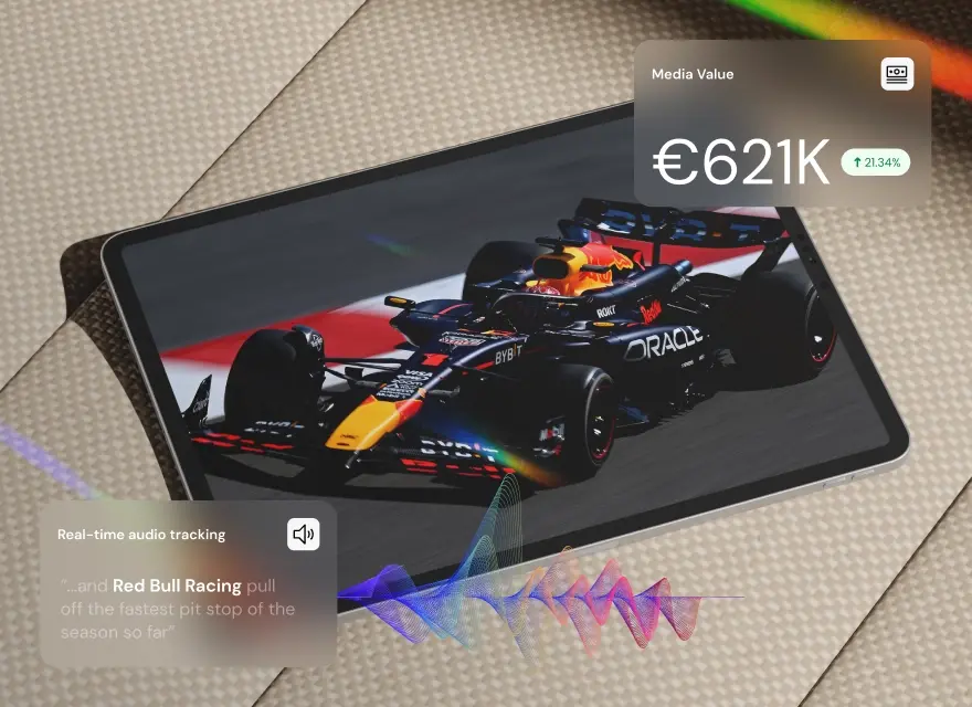 Tablet showing Red Bull F1 car with audio tracking and €621K value.