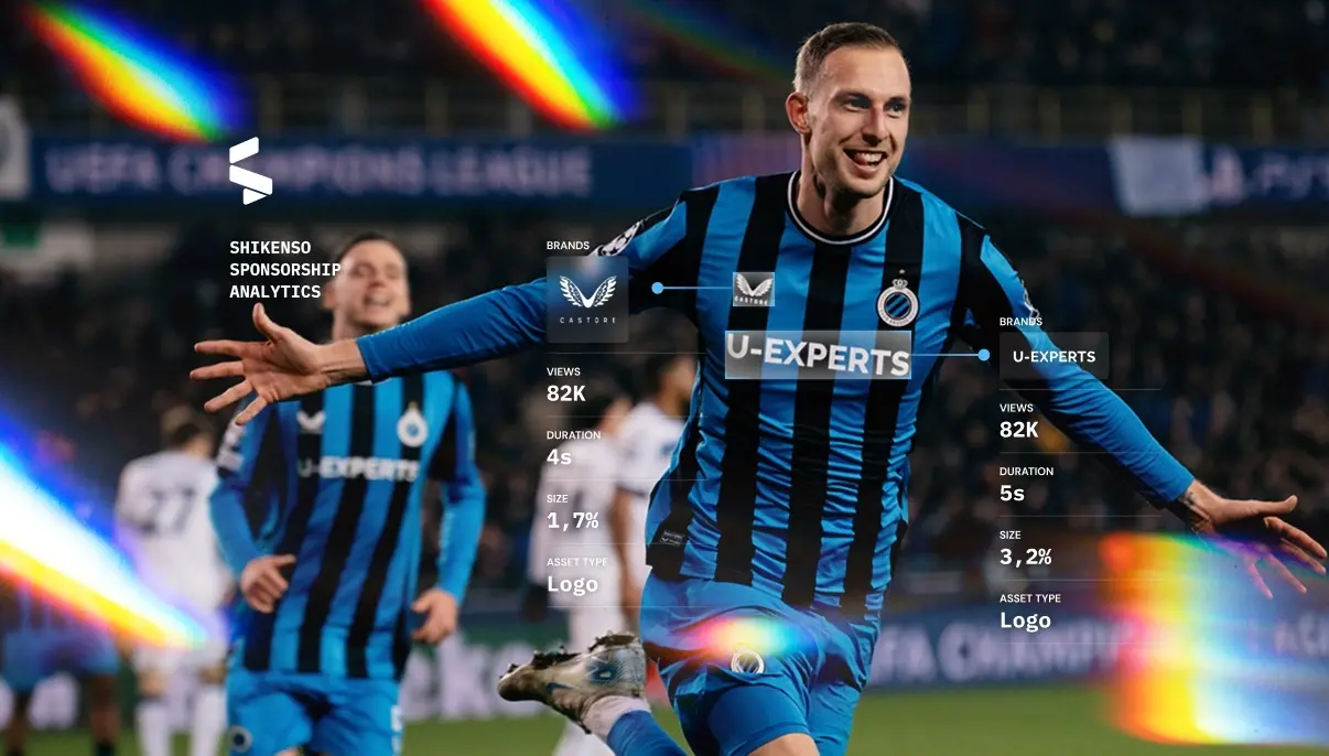 Club Brugge player celebrating goal with sponsorship analytics overlay during Champions League.